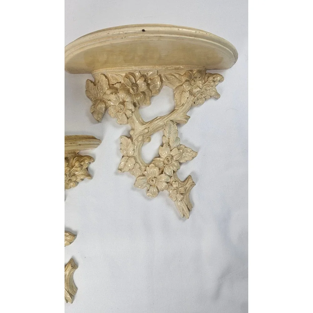 Vintage Pair Carved Wood Floral Wall Shelves Cream Distressed Hanging Display